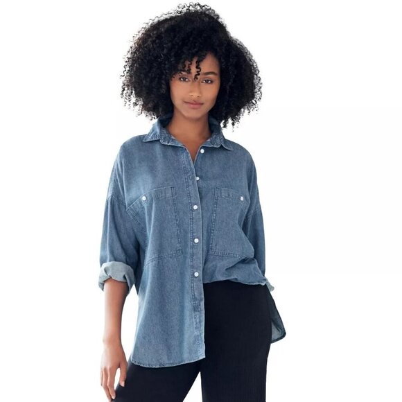 ELLOS Denim Tunic Top Oversized 3X 30/32 Button Front Shirt Side Slits Comfy - Picture 1 of 10